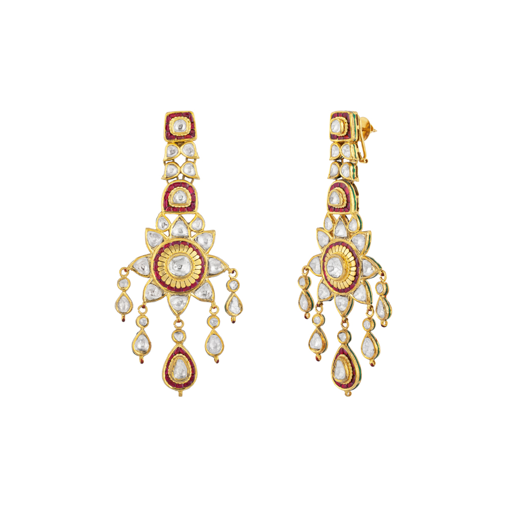 Sunburst Polki Earrings with Red Talaf & Teardrop Polkis